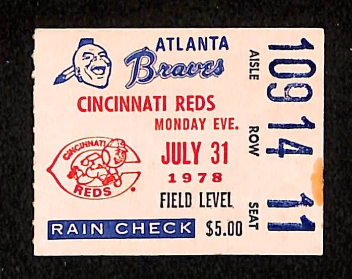1978 Ticket Stub Atlanta Braves vs. Reds Pete Rose Hit Streak 201880 - July 31: 1978 Ticket Stub Atlanta Braves vs. Reds Pete Rose Hit Streak 201880 - July 31 This listing features 1978 Ticket Stub Atlanta Braves vs. Reds Pete Rose Hit Streak 201880 - July 31. Item specifics are
