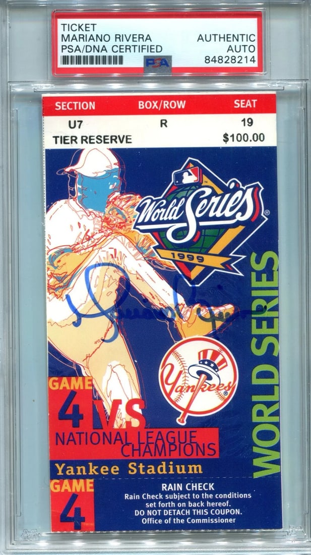 (PSA) Mariano Rivera Autographed 1999 World Series Game 4 Ticket Stub: (PSA) Mariano Rivera Autographed 1999 World Series Game 4 Ticket Stub This listing features (PSA) Mariano Rivera Autographed 1999 World Series Game 4 Ticket Stub. Item specifics are provided below. It