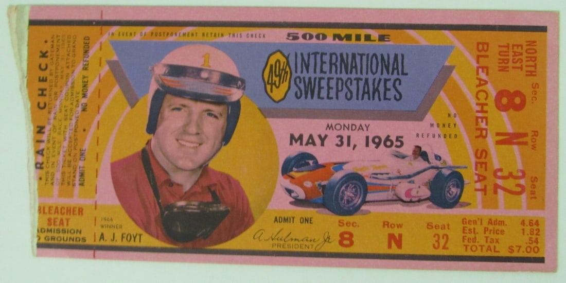Foyt Vintage 1965 Indianapolis Indy 500 Race Ticket Stub A.J.: Foyt Vintage 1965 Indianapolis Indy 500 Race Ticket Stub A.J. This listing features Foyt Vintage 1965 Indianapolis Indy 500 Race Ticket Stub A.J.. Item specifics are provided below. Item Specifics: Sp