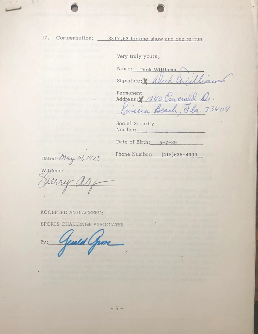 (JSA) Dick Williams Autographed Contract (1 of 2)