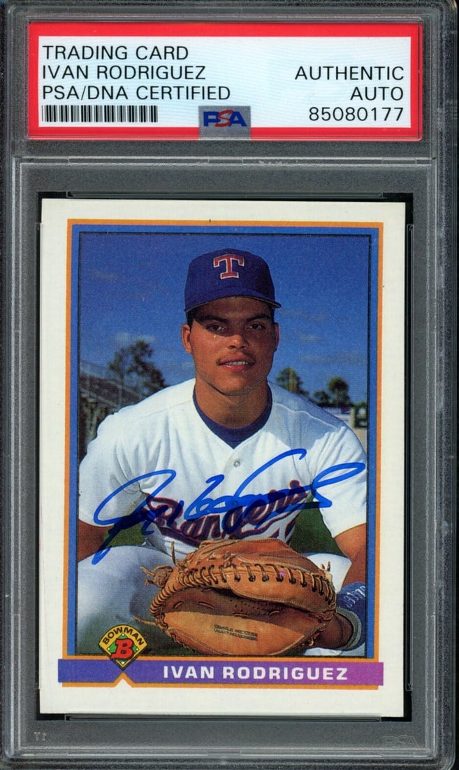 3 Ivan Rodriguez HOF Autographed 1991 Bowman Rookie Card #272 Rangers PSA/ DNA: 3 Ivan Rodriguez HOF Autographed 1991 Bowman Rookie Card #272 Rangers PSA/ DNA This listing features 3 Ivan Rodriguez HOF Autographed 1991 Bowman Rookie Card #272 Rangers PSA/ DNA. Item specifics are