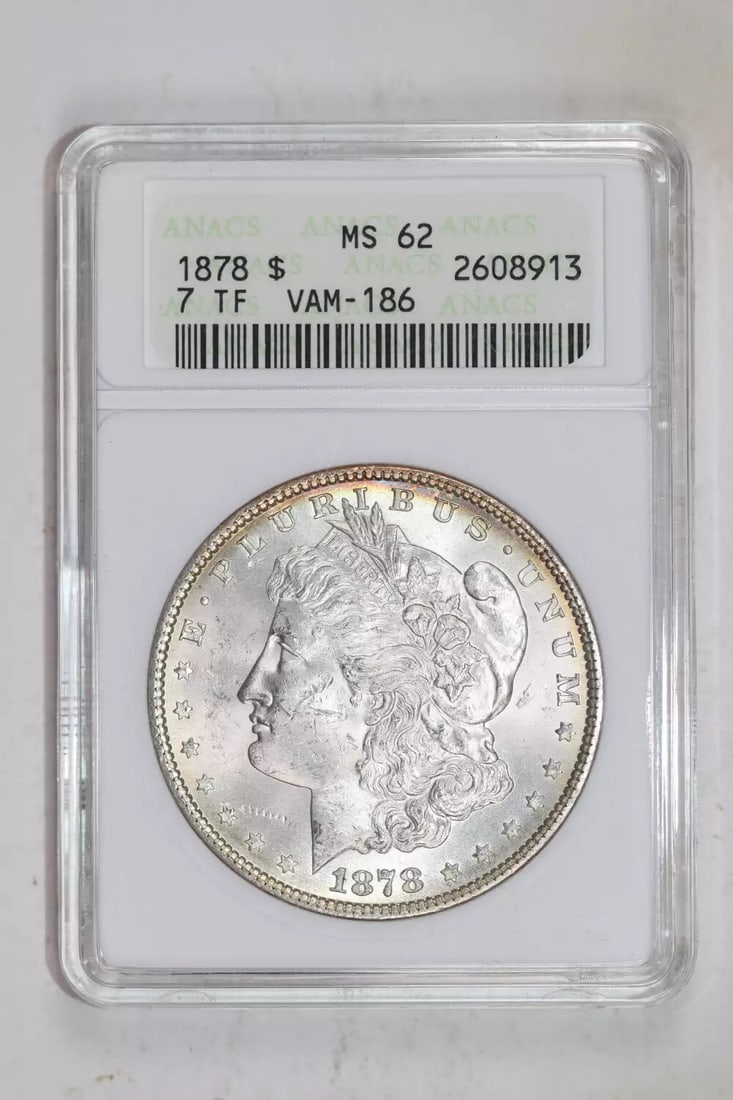 PQ 1878 7TF REVERSE 1878 VAM-186 MORGAN DOLLAR ANACS MS62: PQ 1878 7TF REVERSE 1878 VAM-186 MORGAN DOLLAR ANACS MS62 This listing features PQ 1878 7TF REVERSE 1878 VAM-186 MORGAN DOLLAR ANACS MS62. Item specifics are provided below. Item Specifics: Country Of