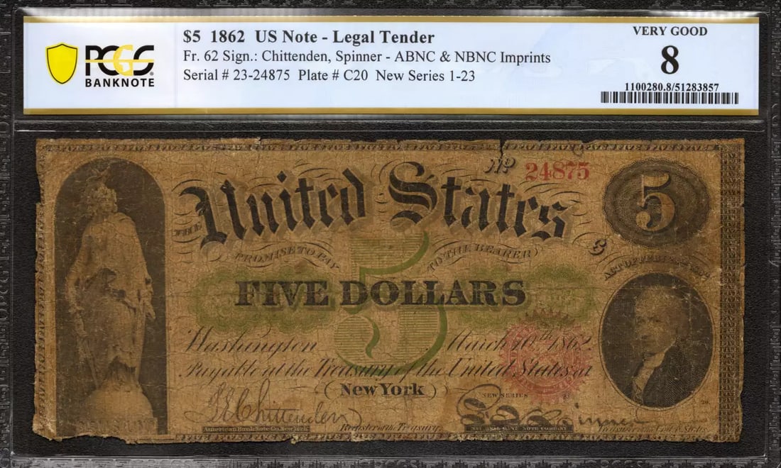 (875) 1862 $5 LEGAL TENDER US NOTE FR.62 CHITTENDEN SPINNER PCGS 08 VG: (875) 1862 $5 LEGAL TENDER US NOTE FR.62 CHITTENDEN SPINNER PCGS 08 VG This listing features (875) 1862 $5 LEGAL TENDER US NOTE FR.62 CHITTENDEN SPINNER PCGS 08 VG. Item specifics are provided below.