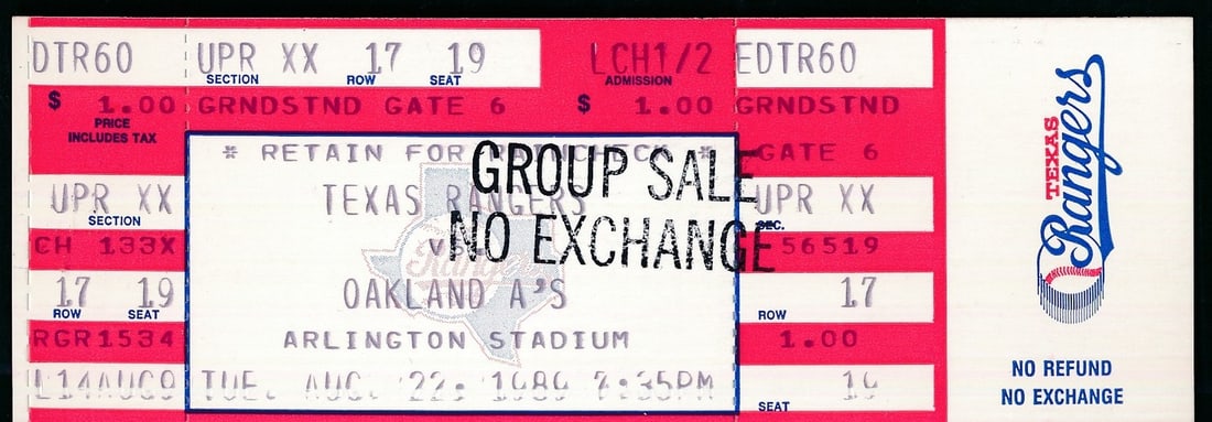 1989 Rangers vs. A's 5000th K's 186493 - Nolan Ryan Rangers Full Ticket August 22: 1989 Rangers vs. A's 5000th K's 186493 - Nolan Ryan Rangers Full Ticket August 22 This listing features 1989 Rangers vs. A's 5000th K's 186493 - Nolan Ryan Rangers Full Ticket August 22. Item specific