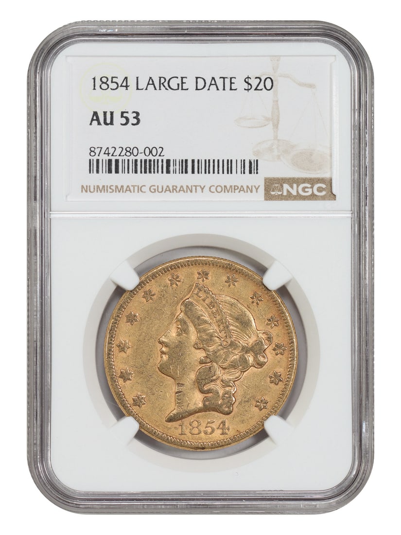 Tough Early Double Eagle - 1854 $20 NGC AU53 (Large Date) - Liberty Head $20: Tough Early Double Eagle - 1854 $20 NGC AU53 (Large Date) - Liberty Head $20 This listing features Tough Early Double Eagle - 1854 $20 NGC AU53 (Large Date) - Liberty Head $20. Item specifics are prov