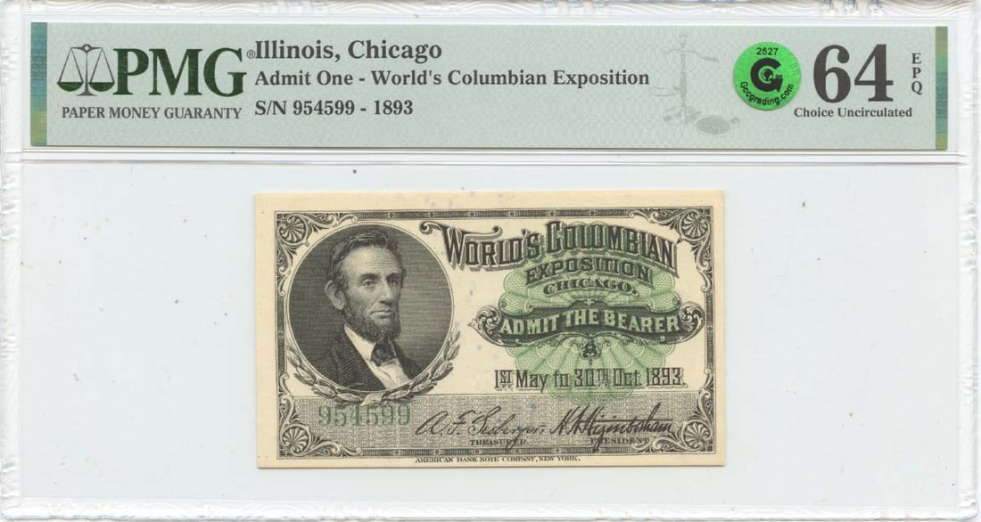 Green 1893 Admit One Illinois Chicago Expo w/ Lincoln PMG CH64 EPQ GCC: Green 1893 Admit One Illinois Chicago Expo w/ Lincoln PMG CH64 EPQ GCC This listing features Green 1893 Admit One Illinois Chicago Expo w/ Lincoln PMG CH64 EPQ GCC. Item specifics are provided below.