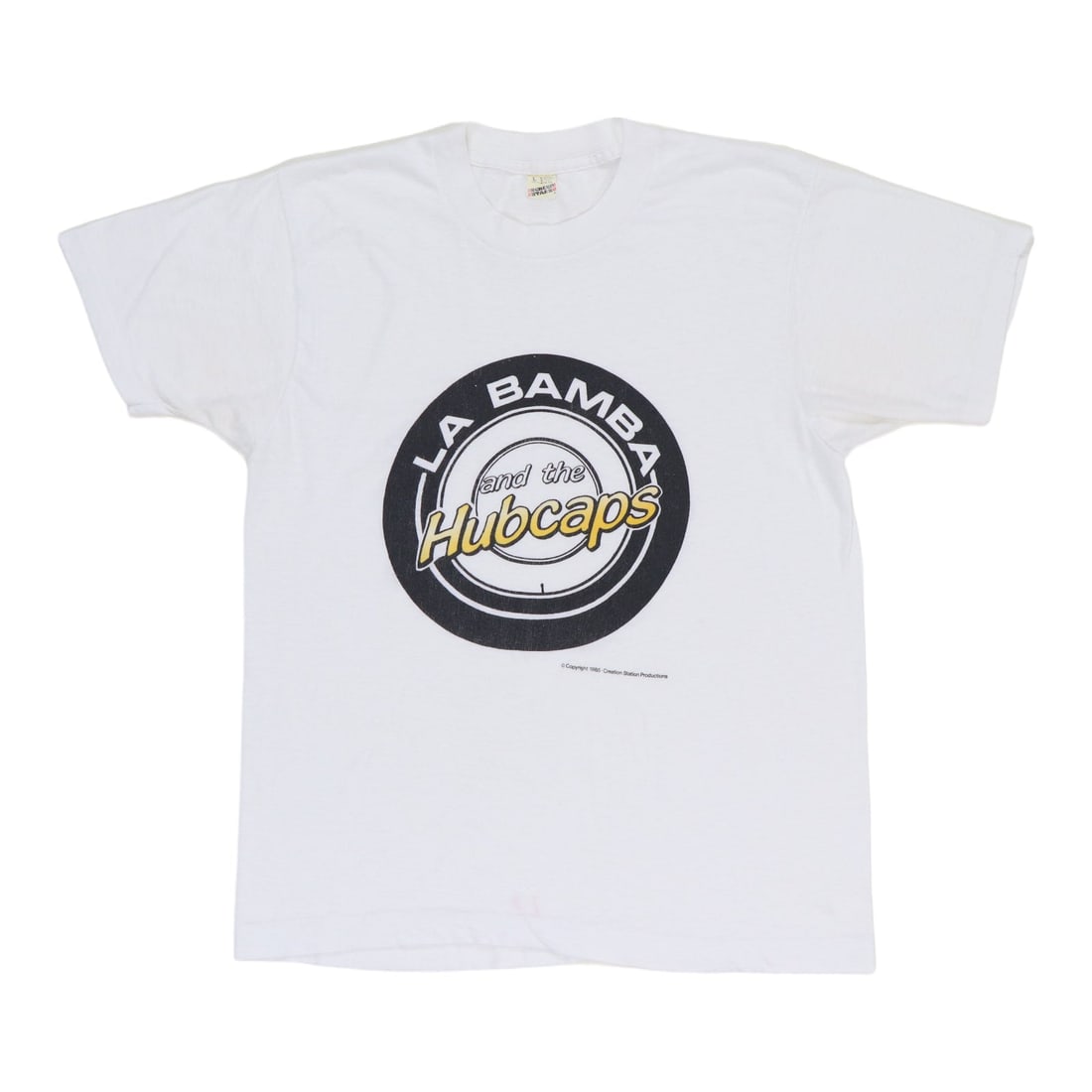 Shirt 1985 La Bamba and the Hubcaps: Shirt 1985 La Bamba and the Hubcaps This listing features Shirt 1985 La Bamba and the Hubcaps. Item specifics are provided below. Item Specifics: Size: Large Era: 1980s Color: White Material: 50/50 Po