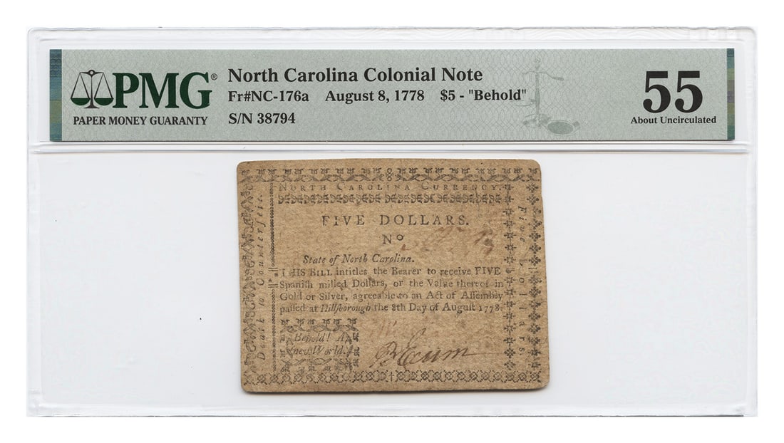 Colonial - FR. NC-176a 8-Aug - $5 North Carolina Colonial Currency-1778 PMG AU55: Colonial - FR. NC-176a 8-Aug - $5 North Carolina Colonial Currency-1778 PMG AU55 This listing features Colonial - FR. NC-176a 8-Aug - $5 North Carolina Colonial Currency-1778 PMG AU55. Item specifics