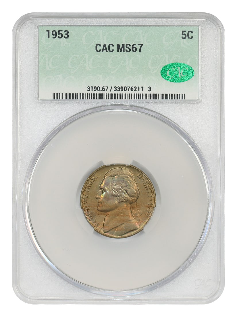 Jefferson Nickel - 1953 5C CACG MS67: Jefferson Nickel - 1953 5C CACG MS67 This listing features Jefferson Nickel - 1953 5C CACG MS67. Item specifics are provided below. Item Specifics: Certification: CACG Certification Number: 339076211