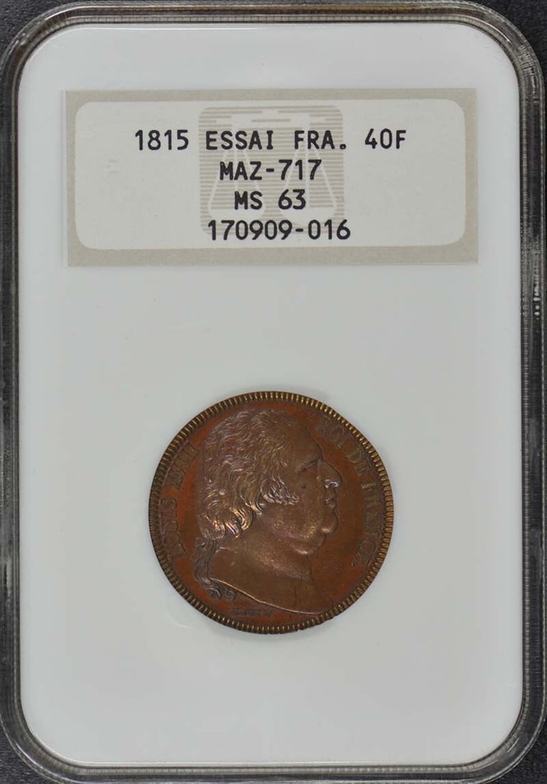 Top 1815 ESSAI FRANCE MAZ-717 40F NGC MS63 Pop: Top 1815 ESSAI FRANCE MAZ-717 40F NGC MS63 Pop This listing features Top 1815 ESSAI FRANCE MAZ-717 40F NGC MS63 Pop. Item specifics are provided below. Item Specifics: Circulated/Uncirculated: Uncircu