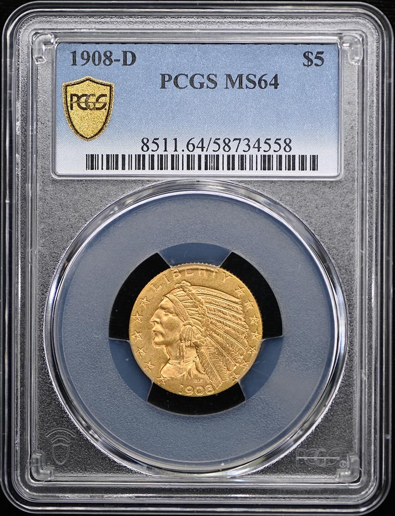 MS64 1908-D $5 Indian Head PCGS: MS64 1908-D $5 Indian Head PCGS This listing features MS64 1908-D $5 Indian Head PCGS. Item specifics are provided below. Item Specifics: Certification: PCGS Circulated/Uncirculated: Uncirculated Cert