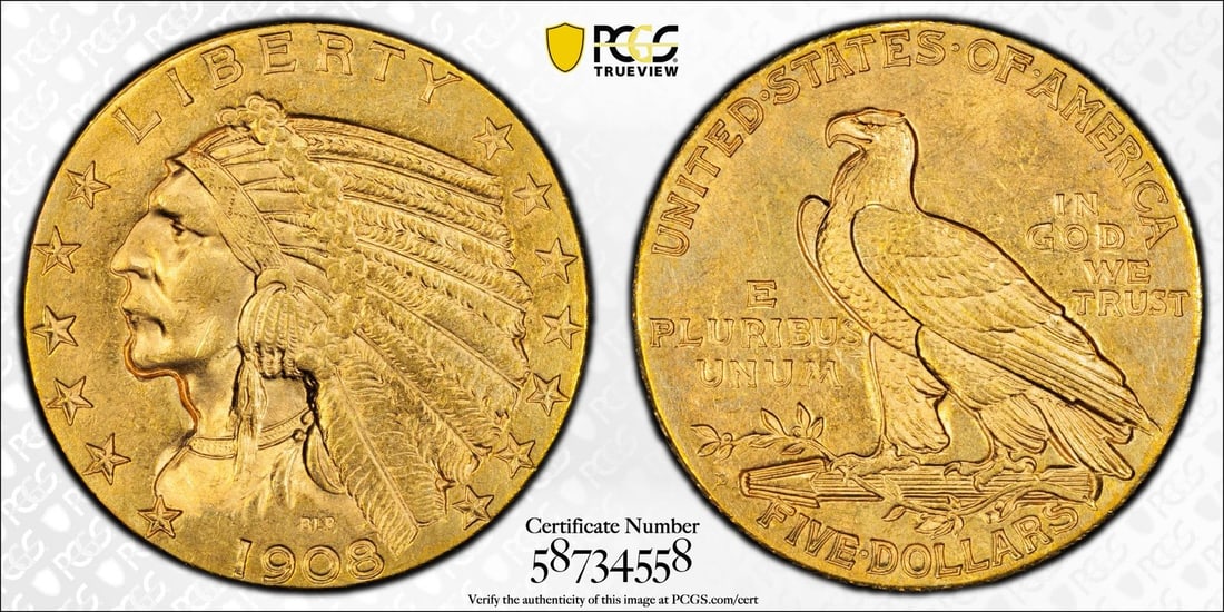 MS64 1908-D $5 Indian Head PCGS - 2