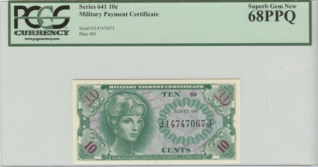Gem 10 Cent Military Payment Series 641 PCGS MS68 PPQ Superb: Gem 10 Cent Military Payment Series 641 PCGS MS68 PPQ Superb This listing features Gem 10 Cent Military Payment Series 641 PCGS MS68 PPQ Superb. Item specifics are provided below. Item Specifics: Cert