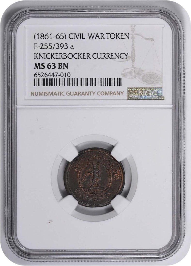 NGC (1861-65) Civil War Token Knickerbocker Currency 255/ 393a MS63BN: NGC (1861-65) Civil War Token Knickerbocker Currency 255/ 393a MS63BN This listing features NGC (1861-65) Civil War Token Knickerbocker Currency 255/ 393a MS63BN. Item specifics are provided below. It