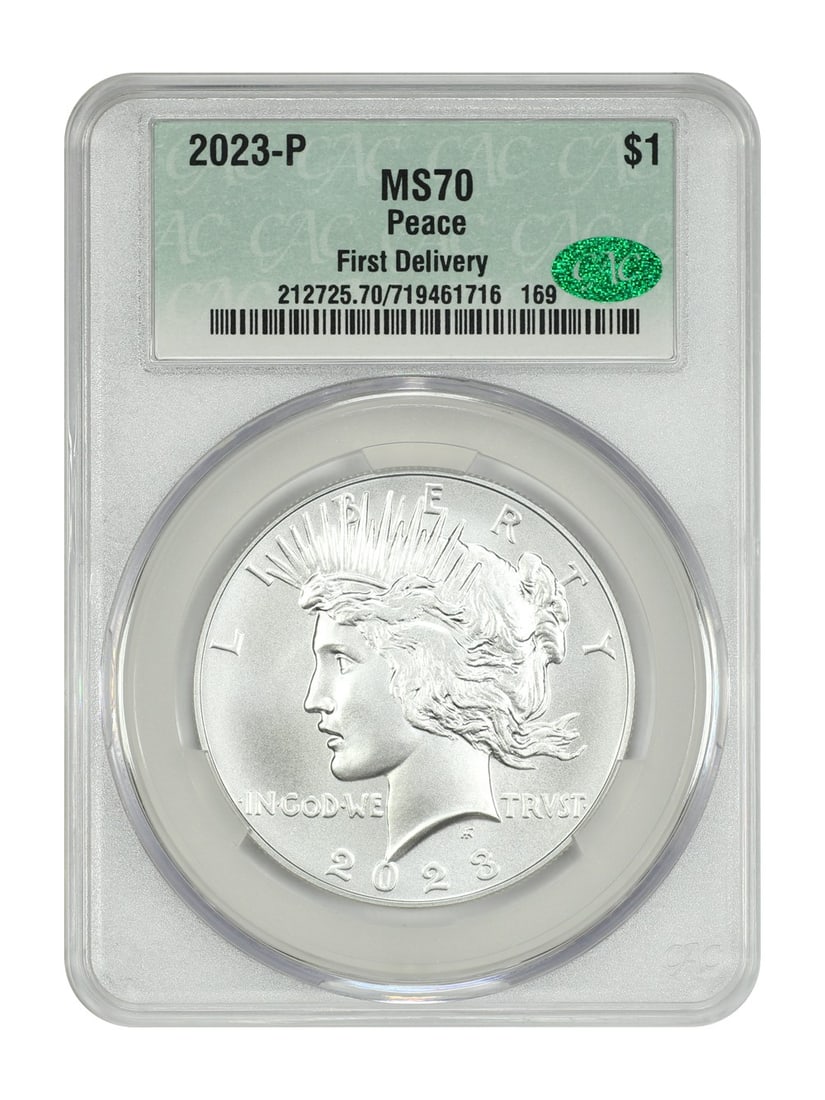 Delivery) 2023-P $1 Peace Dollar CACG MS70 (First: Delivery) 2023-P $1 Peace Dollar CACG MS70 (First This listing features Delivery) 2023-P $1 Peace Dollar CACG MS70 (First. Item specifics are provided below. Item Specifics: Certification: CACG Certif
