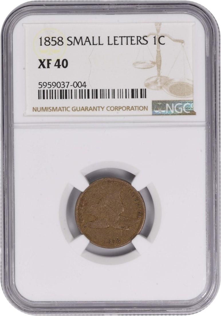 NGC 1858 Flying Eagle Cent Small Letters EF40: NGC 1858 Flying Eagle Cent Small Letters EF40 This listing features NGC 1858 Flying Eagle Cent Small Letters EF40. Item specifics are provided below. Item Specifics: Certification: NGC Circulated/Unci