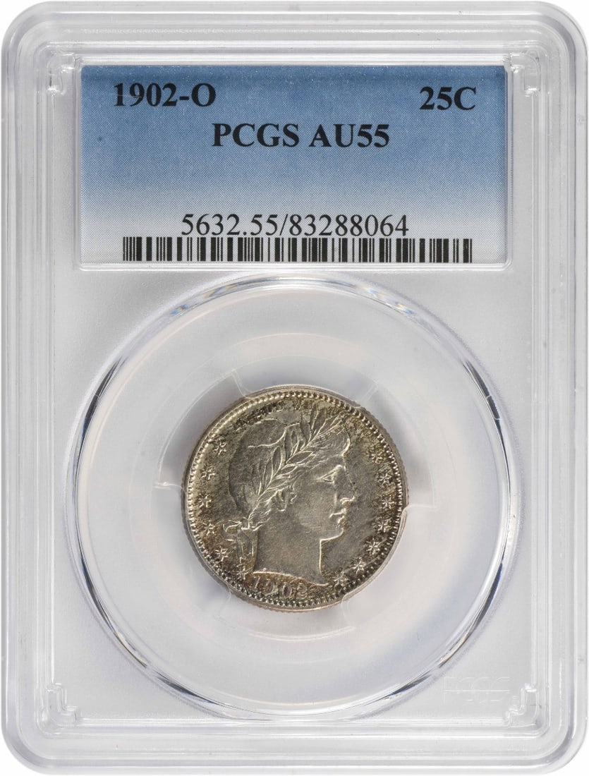 PCGS 1902-O Barber Silver Quarter AU55: PCGS 1902-O Barber Silver Quarter AU55 This listing features PCGS 1902-O Barber Silver Quarter AU55. Item specifics are provided below. Item Specifics: Country Of Origin: United States Certification: