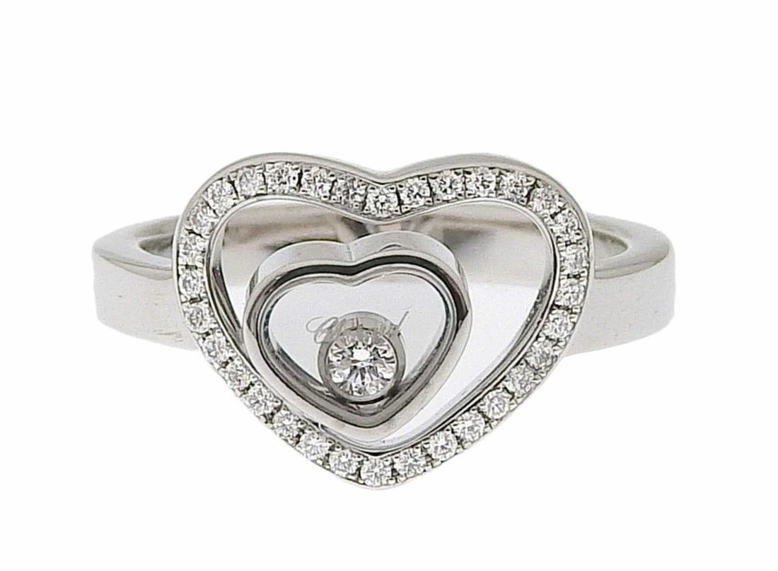US5 Chopard Happy Spirit Floating Diamond 18k White Gold Double Heart Ring EU49 (1 of 7)