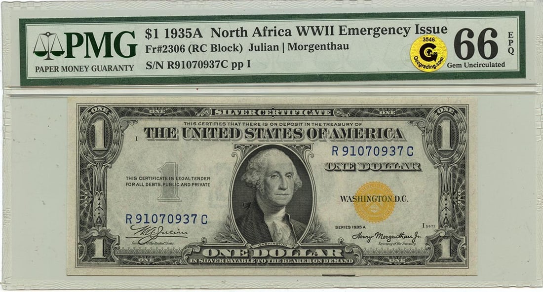 Gold 1935A $1 N. Africa WWII Emergency Issue Fr# 2306 PMG Gem66 EPQ GCC: Gold 1935A $1 N. Africa WWII Emergency Issue Fr# 2306 PMG Gem66 EPQ GCC This listing features Gold 1935A $1 N. Africa WWII Emergency Issue Fr# 2306 PMG Gem66 EPQ GCC. Item specifics are provided below