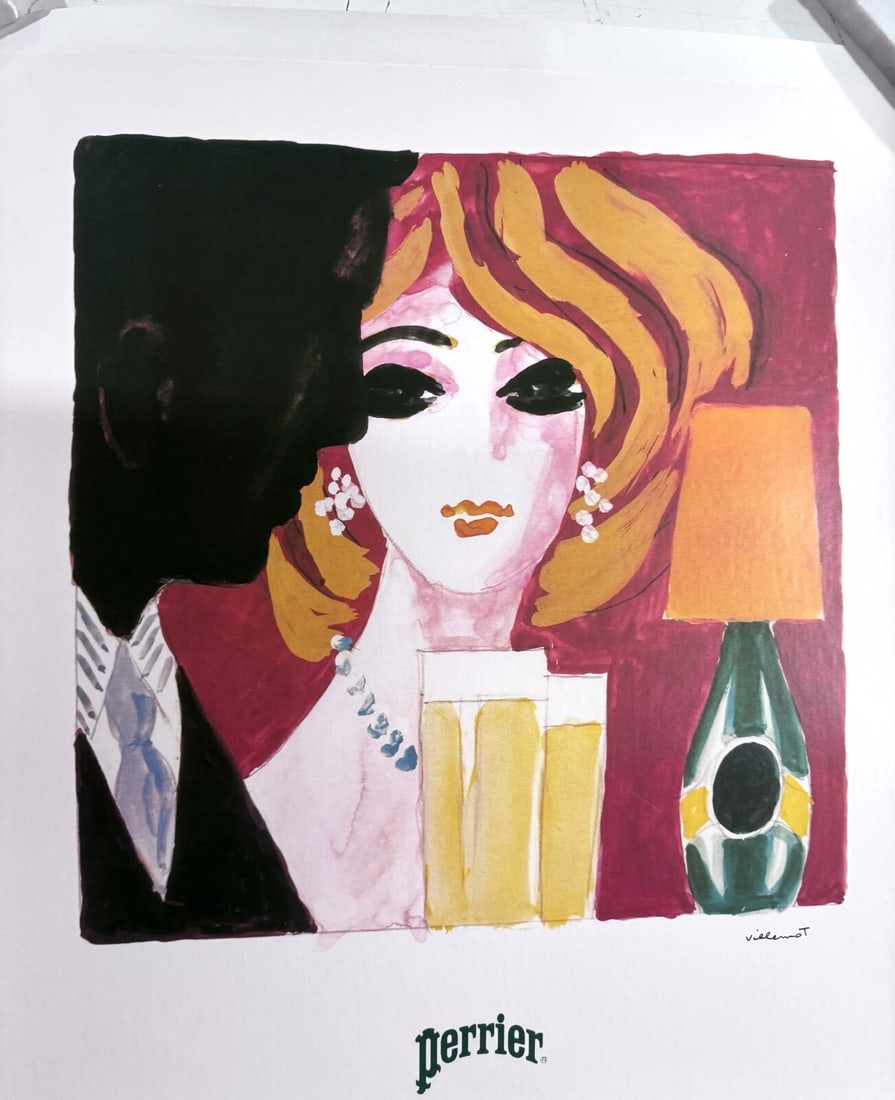 Rare Villemot Perrier Cocktail Mondain Original 1983 Poster On Linen (1 of 5)