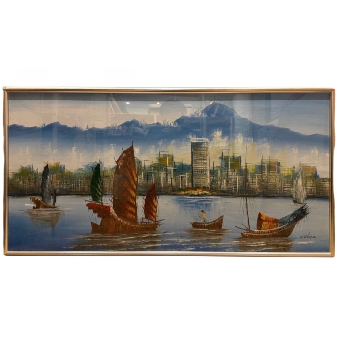 Harbour W. Chan Victoria Harbour Hong Kong Original Oil Painting 50 Size Signed (1 of 5)