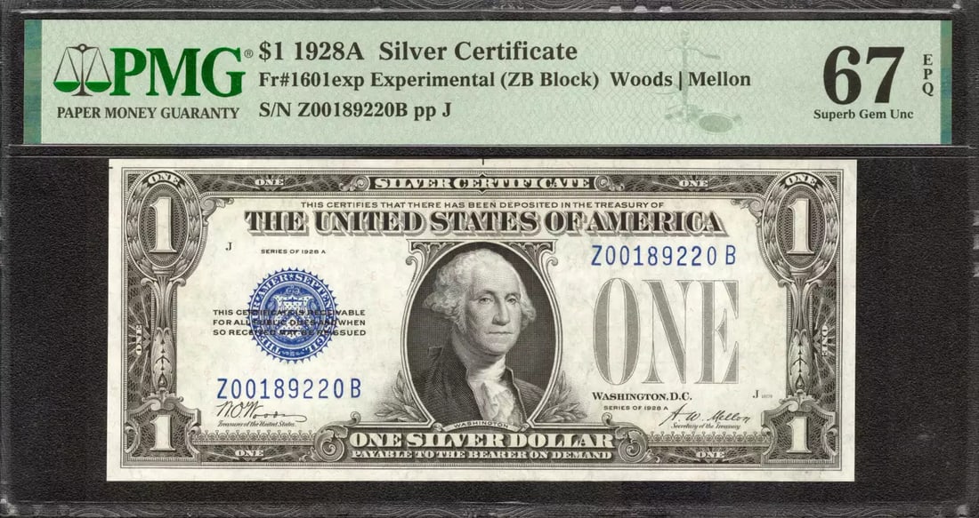 (220B 1928 A $1 EXPERIMENTAL SILVER CERTIFICATE FR.1601 Z-B BLOCK PMG UNC 67 EPQ: (220B 1928 A $1 EXPERIMENTAL SILVER CERTIFICATE FR.1601 Z-B BLOCK PMG UNC 67 EPQ This listing features (220B 1928 A $1 EXPERIMENTAL SILVER CERTIFICATE FR.1601 Z-B BLOCK PMG UNC 67 EPQ. Item specifics