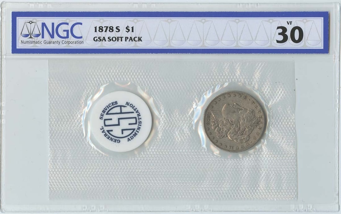 VF30 1878-S Morgan Dollar GSA SOFT PACK S$1 NGC: VF30 1878-S Morgan Dollar GSA SOFT PACK S$1 NGC This listing features VF30 1878-S Morgan Dollar GSA SOFT PACK S$1 NGC. Item specifics are provided below. Item Specifics: Certification: NGC Certificati