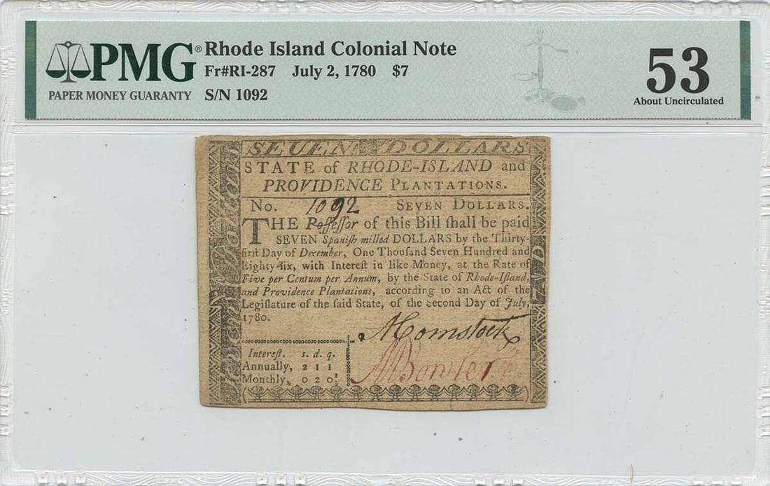 Issued 1780 July 2 $7 Rhode Island Colonial Note RI-287 PMG AU53: Issued 1780 July 2 $7 Rhode Island Colonial Note RI-287 PMG AU53 This listing features Issued 1780 July 2 $7 Rhode Island Colonial Note RI-287 PMG AU53. Item specifics are provided below. Item Specifi