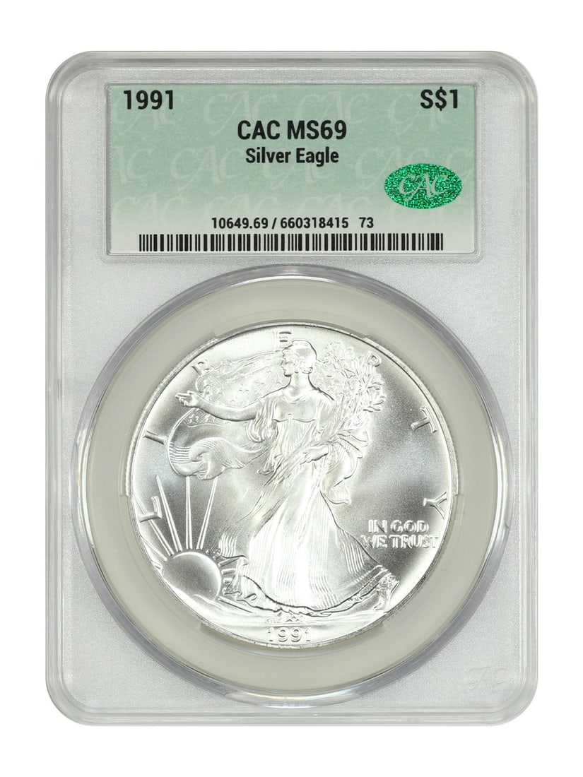 Silver Eagles - 1991 $1 Silver Eagle CACG MS69: Silver Eagles - 1991 $1 Silver Eagle CACG MS69 This listing features Silver Eagles - 1991 $1 Silver Eagle CACG MS69. Item specifics are provided below. Item Specifics: Certification: CACG Certificatio