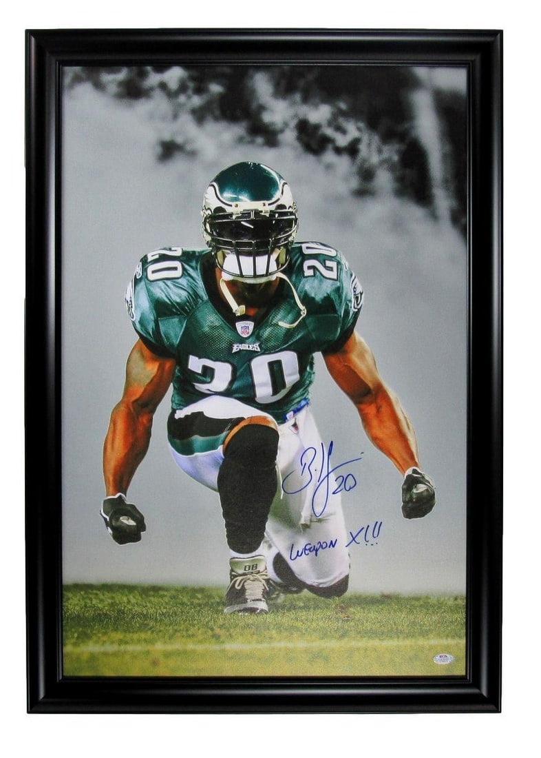 DNA Brian Dawkins HOF Autographed/ Inscr 23x33 Canvas Photo Eagles Framed PSA/ (1 of 2)