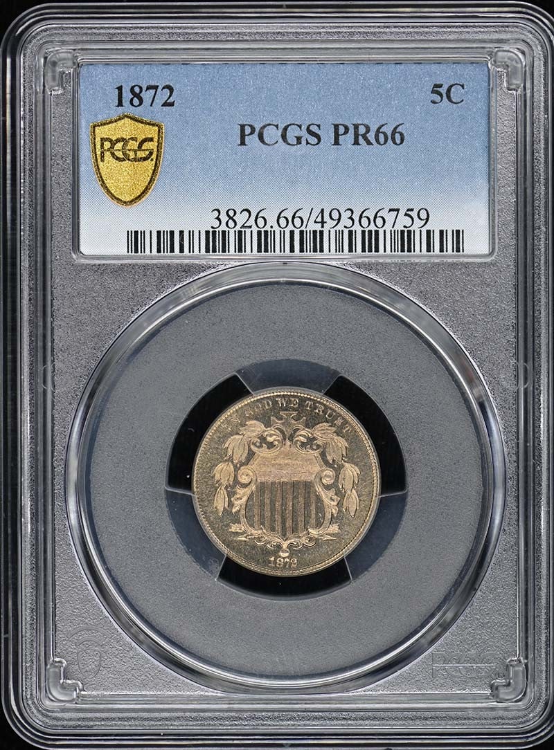 PR66 1872 5C Shield Nickel PCGS: PR66 1872 5C Shield Nickel PCGS This listing features PR66 1872 5C Shield Nickel PCGS. Item specifics are provided below. Item Specifics: Certification: PCGS Certification Number: 49366759 Grade: PR66