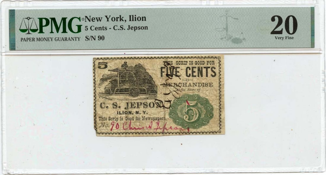 New York Merchant Script Note C.S. Jepson PMG VF20 - 1870s 5 Cents Illion: New York Merchant Script Note C.S. Jepson PMG VF20 - 1870s 5 Cents Illion This listing features New York Merchant Script Note C.S. Jepson PMG VF20 - 1870s 5 Cents Illion. Item specifics are provided b