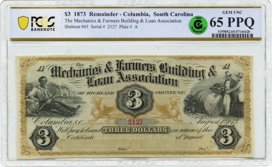 South Carolina Obsolete Mechanics Farmers PCGS GEM 65 PPQ GCC - 1873 $3 Columbia: South Carolina Obsolete Mechanics Farmers PCGS GEM 65 PPQ GCC - 1873 $3 Columbia This listing features South Carolina Obsolete Mechanics Farmers PCGS GEM 65 PPQ GCC - 1873 $3 Columbia. Item specifics