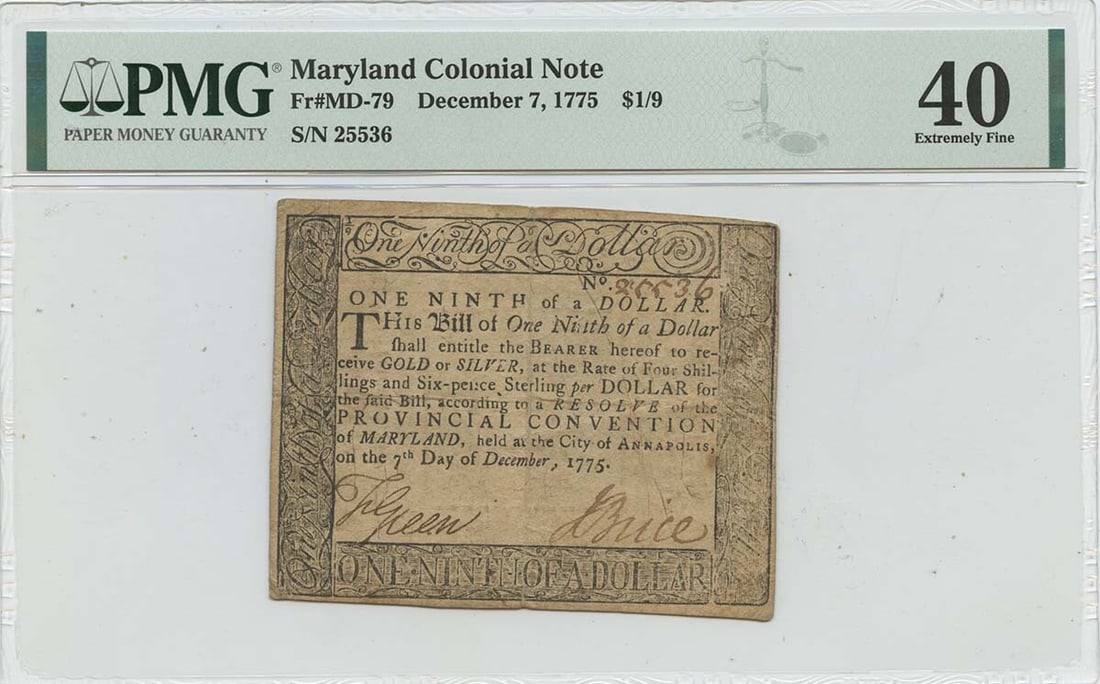 EF40 December 7 1775 $1/ 9 Maryland Colonial Note MD-79 PMG: EF40 December 7 1775 $1/ 9 Maryland Colonial Note MD-79 PMG This listing features EF40 December 7 1775 $1/ 9 Maryland Colonial Note MD-79 PMG. Item specifics are provided below. Item Specifics: Certif