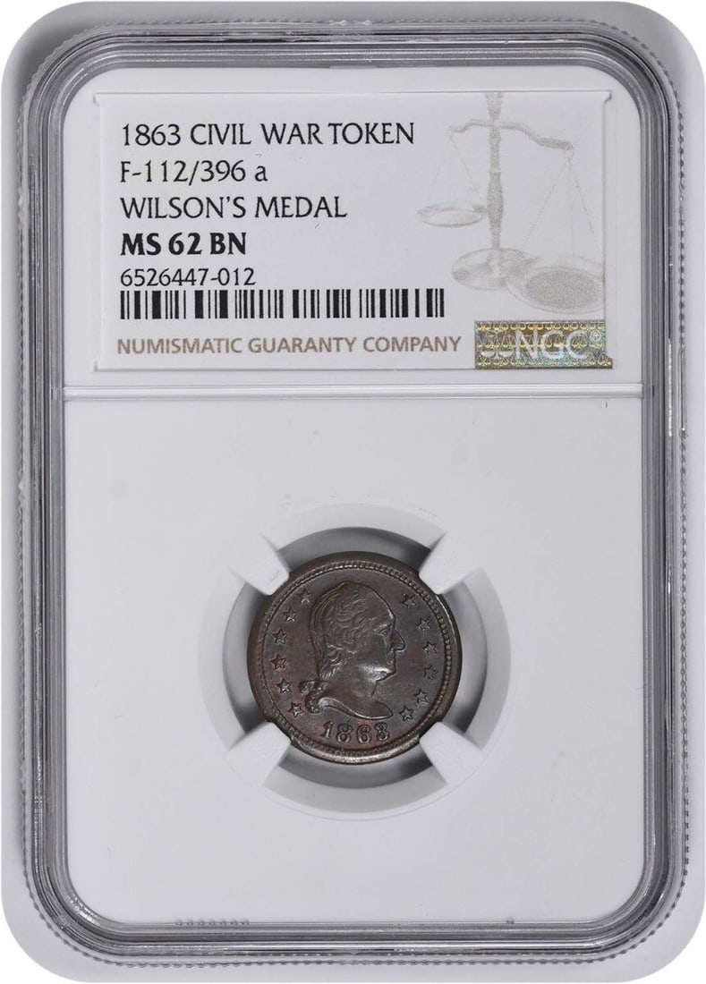 NGC 1863 Civil War Token Wilson's Medal 112/ 396a MS62BN: NGC 1863 Civil War Token Wilson's Medal 112/ 396a MS62BN This listing features NGC 1863 Civil War Token Wilson's Medal 112/ 396a MS62BN. Item specifics are provided below. Item Specifics: Circulated/U