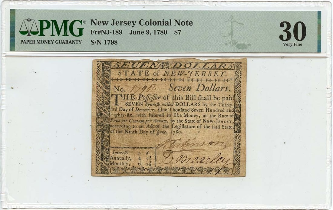 $7 New Jersey Colonial FR#NJ-189 PMG VF30 Brearley Constitution - 1780 June 9: $7 New Jersey Colonial FR#NJ-189 PMG VF30 Brearley Constitution - 1780 June 9 This listing features $7 New Jersey Colonial FR#NJ-189 PMG VF30 Brearley Constitution - 1780 June 9. Item specifics are pr