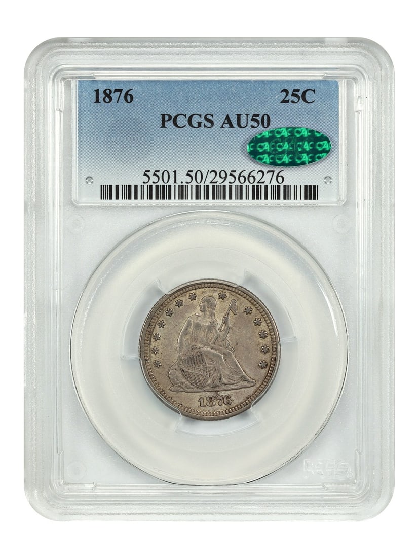 Liberty Seated Quarter - 1876 25C PCGS/ CAC AU50: Liberty Seated Quarter - 1876 25C PCGS/ CAC AU50 This listing features Liberty Seated Quarter - 1876 25C PCGS/ CAC AU50. Item specifics are provided below. Item Specifics: Certification: PCGS Certific