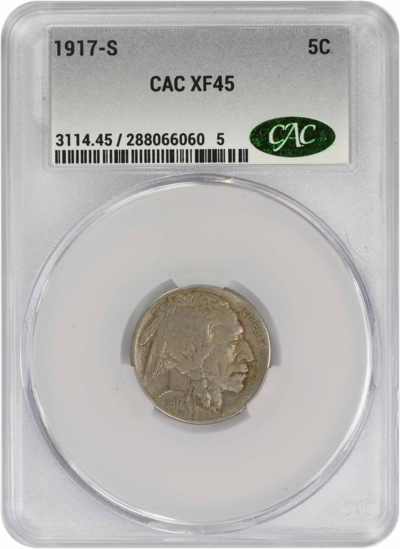 CACG 1917-S Buffalo Nickel EF45: CACG 1917-S Buffalo Nickel EF45 This listing features CACG 1917-S Buffalo Nickel EF45. Item specifics are provided below. Item Specifics: Country Of Origin: United States Certification: CACG Circulate
