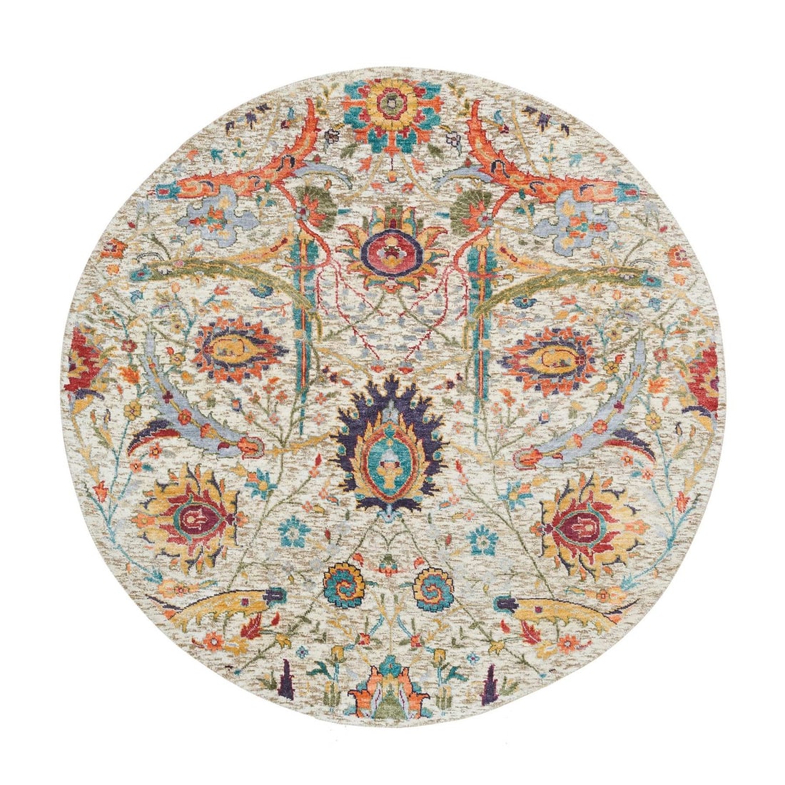 Round Oriental Rug - 5'x5' Sickle Leaf - Hand Knotted Silk Textured Wool: Round Oriental Rug - 5'x5' Sickle Leaf - Hand Knotted Silk Textured Wool This listing features Round Oriental Rug - 5'x5' Sickle Leaf - Hand Knotted Silk Textured Wool. Item specifics are provided