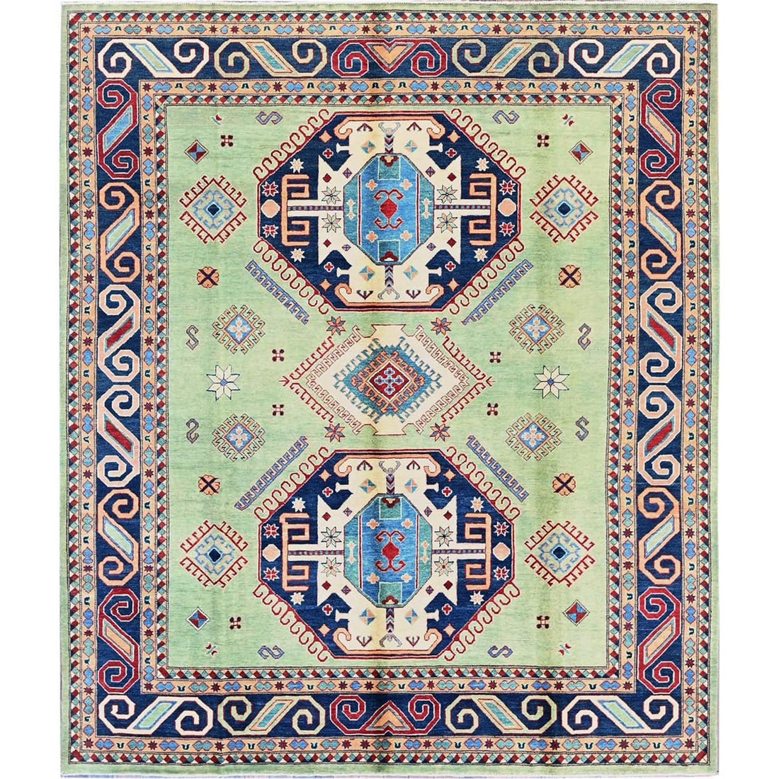 Rug 8'4"x9'7" Green Afghan Special Kazak Geometric Design Wool Hand Knotted (1 of 12)