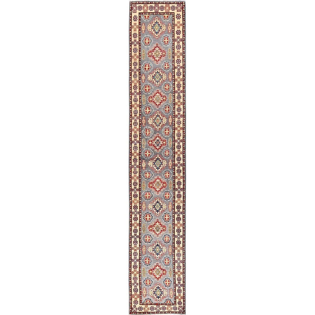 Runner 2'5"x15'3" Gray Kazak with Geometric Design Hand Knotted Rug Wool (1 of 7)