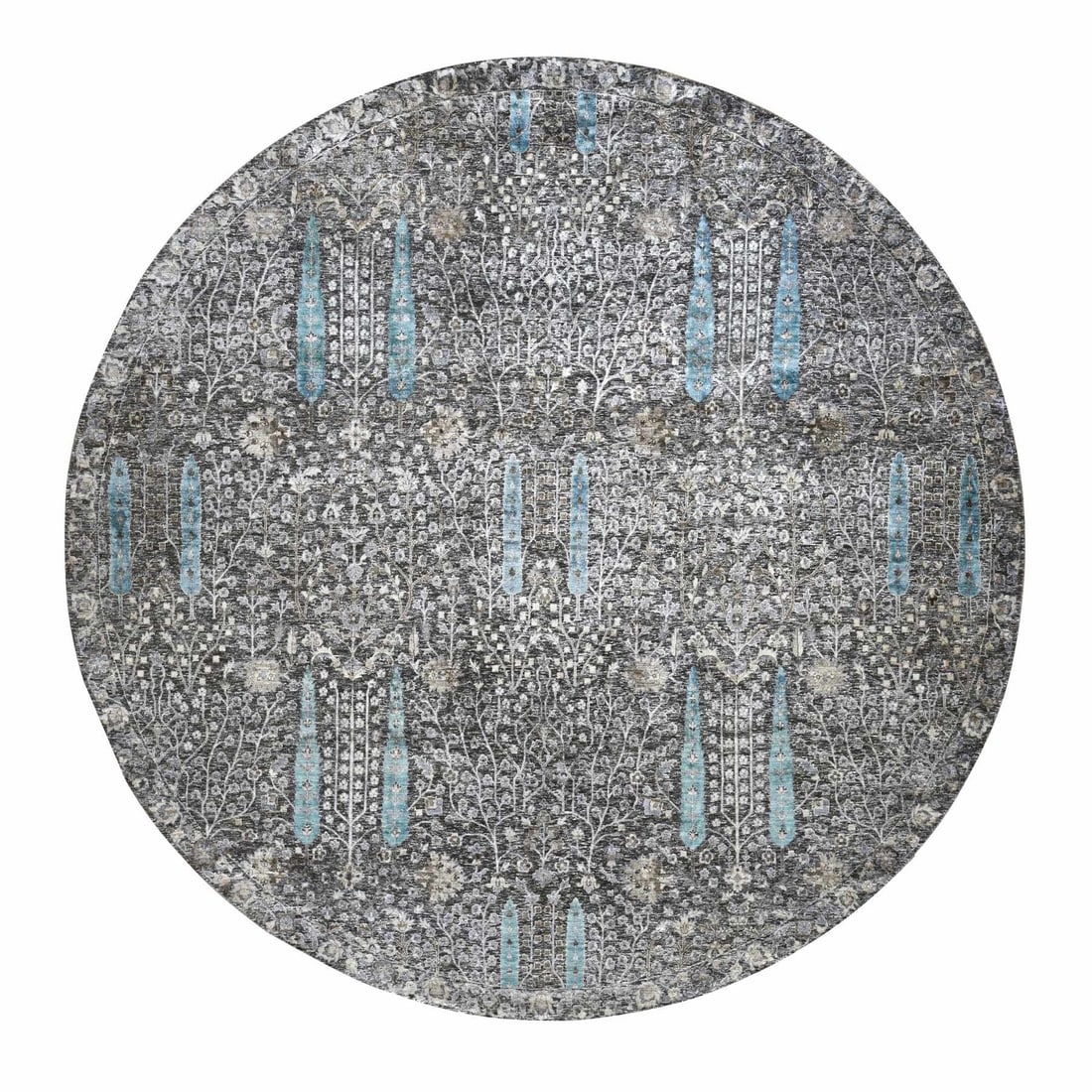 Rug 11'9"x11'9" Stone Gray Cypress Tree Silk with Wool Hand Knotted Round (1 of 9)