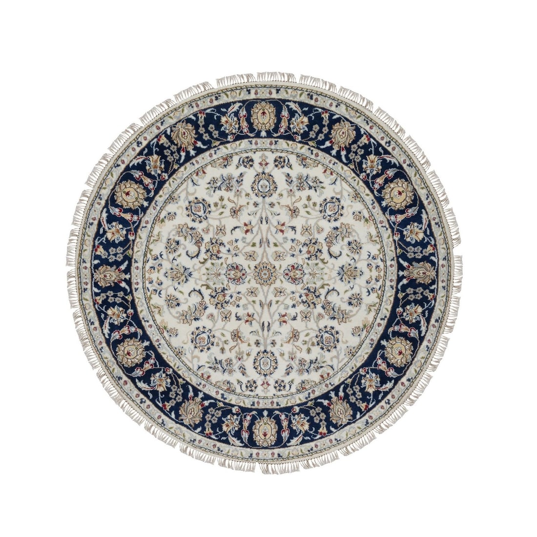 Rug 5'x5' Ivory Wool and Silk Nain with Floral Pattern Hand Knotted Round: Rug 5'x5' Ivory Wool and Silk Nain with Floral Pattern Hand Knotted Round This listing features Rug 5'x5' Ivory Wool and Silk Nain with Floral Pattern Hand Knotted Round. Item specifics are provided