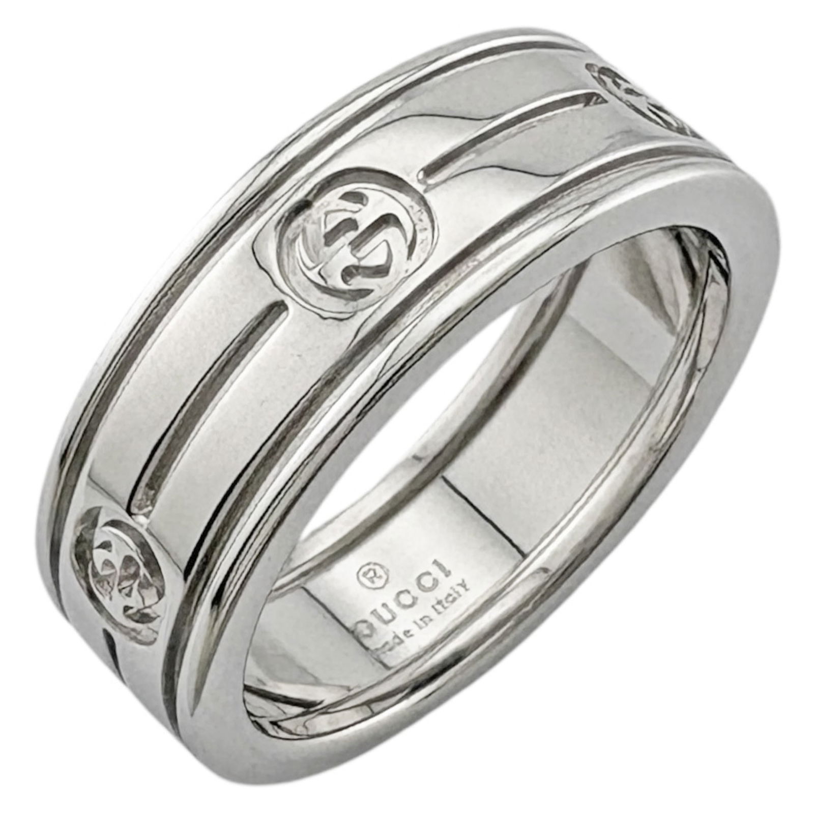(18K) Gucci Band Ring White Gold: (18K) Gucci Band Ring White Gold This listing features (18K) Gucci Band Ring White Gold. Item specifics are provided below. Item Specifics: Brand: Gucci Type: Band Ring Gender: Men,Women Color: Silver