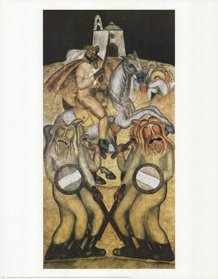 Sword DIEGO RIVERA Battle Dance 28" x 22" Poster 1995 Brown White Horse Men (1 of 4)