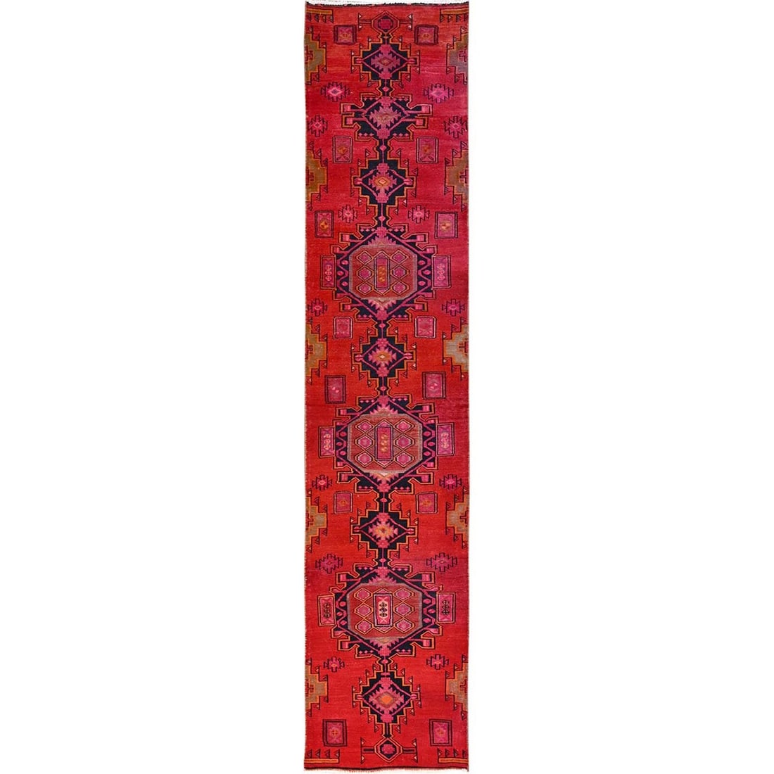 Runner 2'7"x12' Red Worn Out Vintage Zoroastrian Khamadan Hand Knotted Wool (1 of 7)