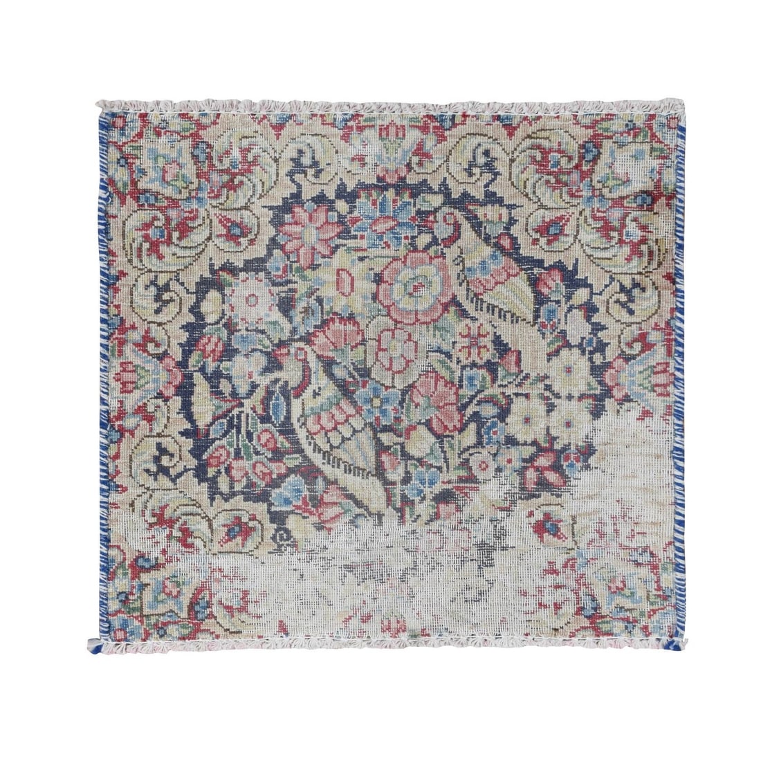 Rug 1'6"x1'6" Blue Old Zoroastrian Karman Worn Wool Hand Knotted Square: Rug 1'6"x1'6" Blue Old Zoroastrian Karman Worn Wool Hand Knotted Square This listing features Rug 1'6"x1'6" Blue Old Zoroastrian Karman Worn Wool Hand Knotted Square. Item specifics are provided below