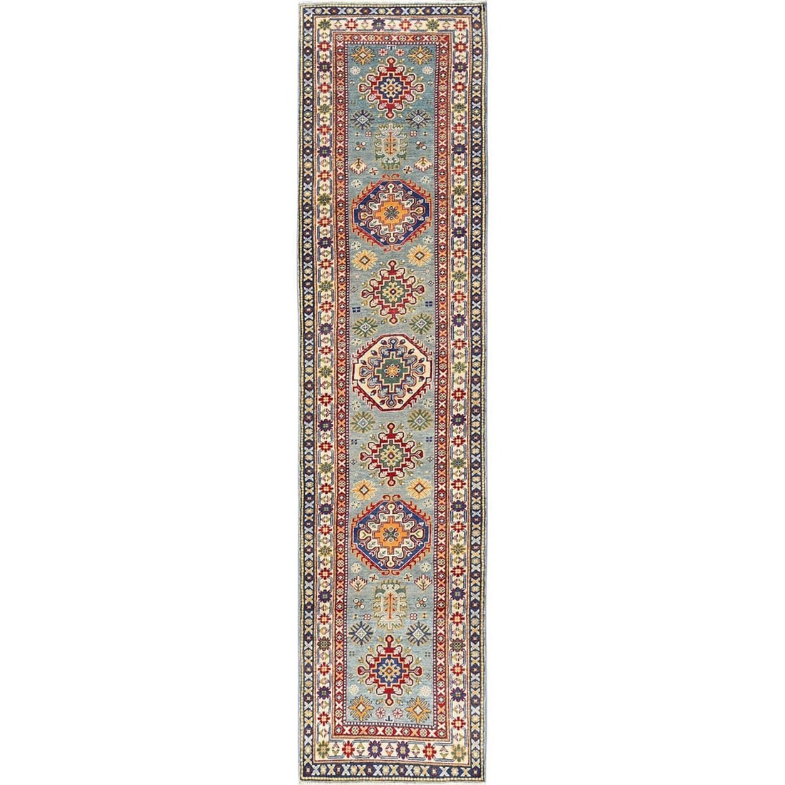 Runner 2'9"x12'3" Blue Kazak with Geometric Design Hand Knotted Rug Wool: Runner 2'9"x12'3" Blue Kazak with Geometric Design Hand Knotted Rug Wool This listing features Runner 2'9"x12'3" Blue Kazak with Geometric Design Hand Knotted Rug Wool. Item specifics are provided bel