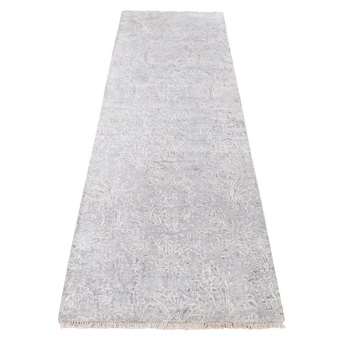 Rug 2'5"x7'9" Gray Hand Knotted Tone on Tone Design Wool and Silk Runner: Rug 2'5"x7'9" Gray Hand Knotted Tone on Tone Design Wool and Silk Runner This listing features Rug 2'5"x7'9" Gray Hand Knotted Tone on Tone Design Wool and Silk Runner. Item specifics are provided
