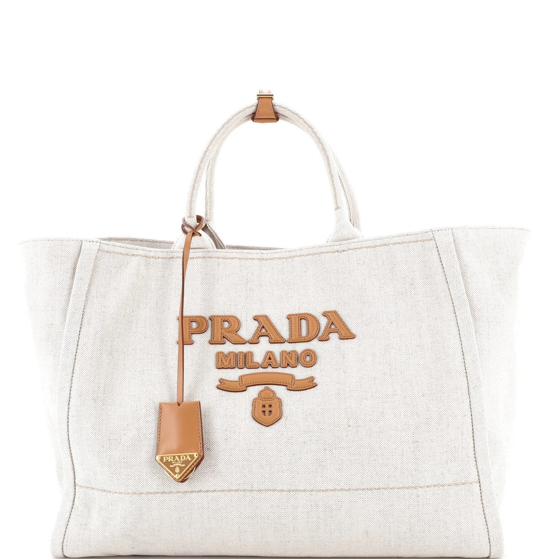 Large Prada Logo Tote Linen Blend: Large Prada Logo Tote Linen Blend This listing features Large Prada Logo Tote Linen Blend. Item specifics are provided below. Item Specifics: Brand: Prada Exterior Material: Linen Style: Totes Exterio